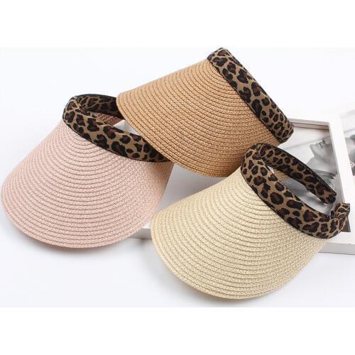 2019 New Sun Hats Women Handmade Leopard Straw Visor Caps Parent-Child Summer Cap Big Wide Brim Empty Top Hat Panama Beach Hat