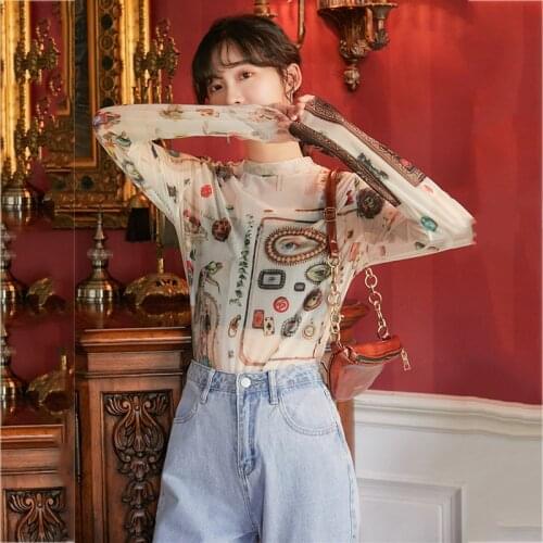 Women Printing Translucent T-shirt New Arrivals Turtleneck Long Sleeve Fashion Tide Spring And Autumn 2021 Z339