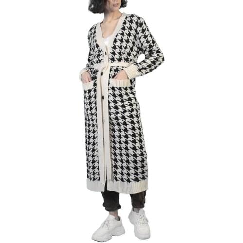 2021 Hirigin New Female Cardigan Houndstooth Print Long Sleeve Long Wrap Coat with Pockets and Waist Belt Sweatshirt for Fall