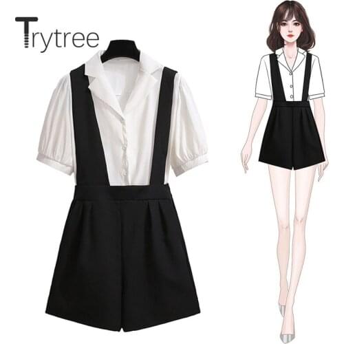 Trytree 2020 Summer Women two piece Set Casual Turn-down Collar Single Breasted Solid Tops + Sling Shorts Wide leg 2 Piece Set