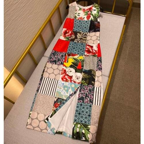 Runway 2021 Summer o-neck sleeveless long tank Dress Womens Printed sexy slim bodycon split Dresses Vestdios y451