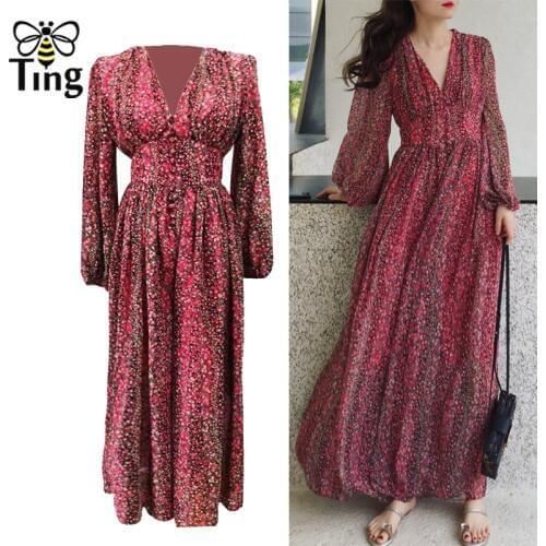 Tingfly Designer Style High Waist Floral Maxi Dress Vintage Women Fuchsia Print Chiffon Casual Dresses V neck Boho Vestidos New
