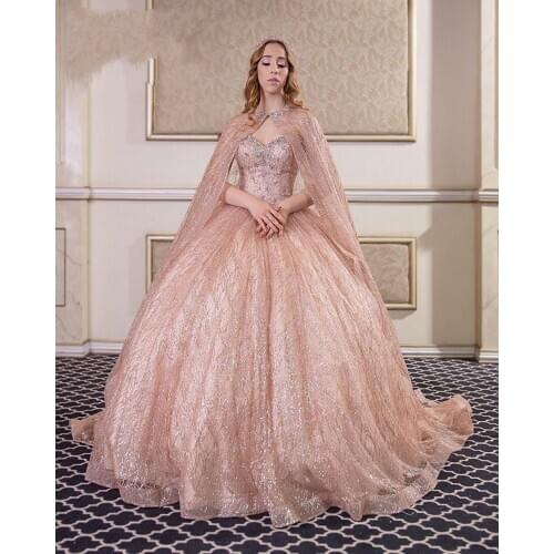 2020 Champagne Paillette Evening Clothes With Pearls Sleeves Ballgown Sweet 16-piece Vestidos De 15-year-old Quinceanera