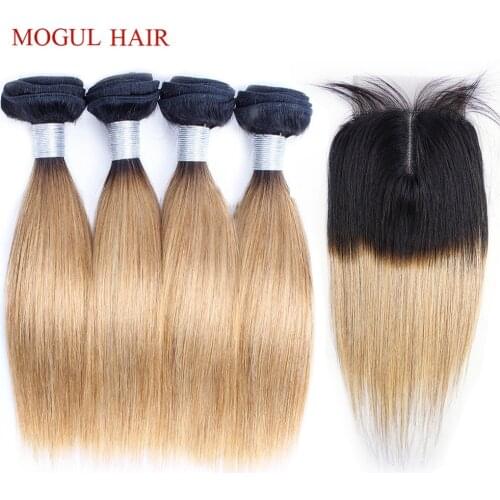 MOGUL HAIR 50g/pc 4 Bundle with Closure Black Brown Bundles With Closure Short Bob Style Brazilian Straight Remy Human Hair