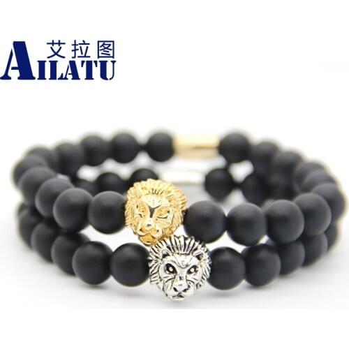 Ailatu 10 Pieces 8mm Matte Onyx Stone Beads High Quality Plated Lion Head Men Fashion Bracelet