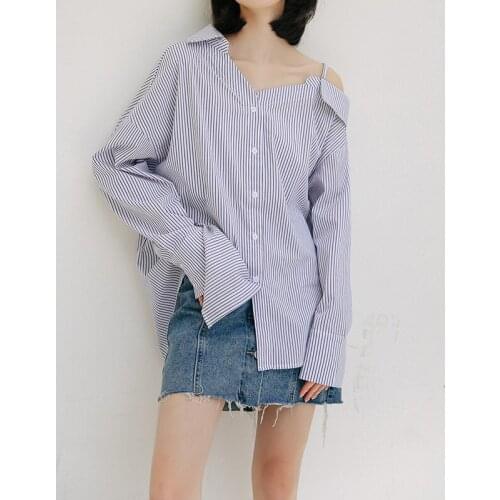 QOERLIN Vertical Striped Strapless Blouse Korean Retro Long Sleeve Turn-Down Shirts 2021 Chic Fashion Women Buckle Loose Blouses