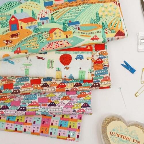 Good Quality Imported Plain Cotton Fabric Cute Cartoon Car And House Printing Hand-Made Patchwork Children DIY Materials
