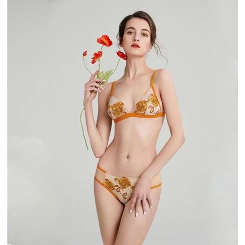 Summer new bra and panty set thin cup mesh embroidered sexy lace bra set big breasts small non-steel ring ladies underwear set