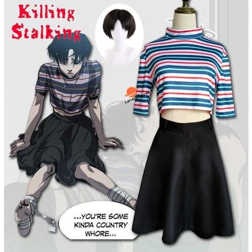 Killing Stalking Anime Yoon Bum Cosplay Costume Black Short Wig T-Shirt+Skirt Halloween Christmas Carnival Dress Girls Women
