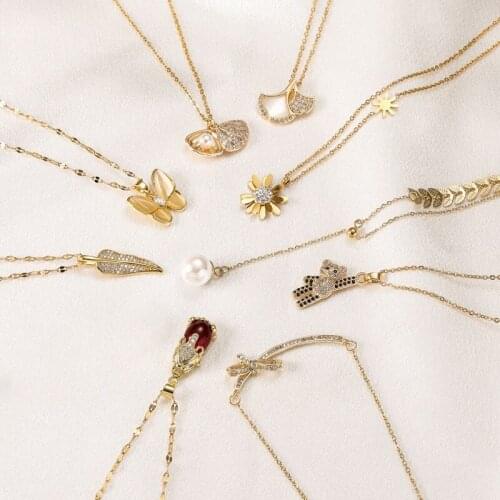 Kpop Crystal Shell Butterfly Pendant Necklace For Women Girls Geometric Copper Charms Stainless steel Chain Choker Jewelry Gifts