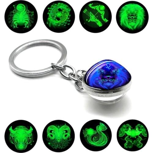 Leo 12 Zodiac Constellation Luminous Keychain Zodiac Double Side Cabochon Glass Key Ring Birthday Gifts Jewelry Men for Women