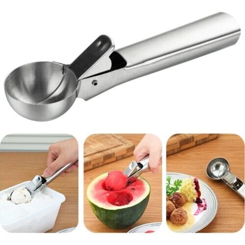 Stainless Steel Ice Cream Scoop Easy Trigger Ice Cream Spoons Watermelon Ball Multifunction Scoop Home Kitchen Tools Accessories