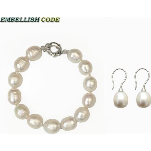 Classic pearls set earring and bracelet Screw thread semi baroque Cylinder elongate rice teardrop shape white color girl women