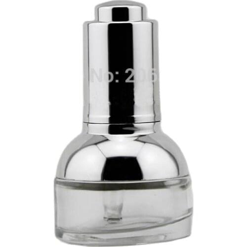 NEW ARRIVAL 20ml transparent glass dropper bottle with silver shoulder and silver press dropper ,white bulb glass bottle