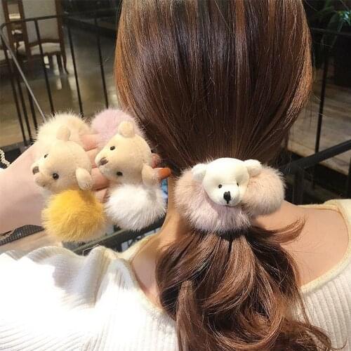 2020 Newest Mink Fur Hair Rope Cute Bear Scrunchie Women Girls Elastic Hair Rubber Bands Gum Ponytail Holder Hair Accessories