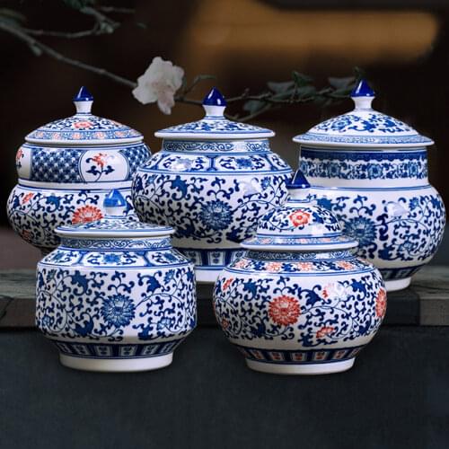 Chinese Style Blue And White Ceramic Jar Lid Vintage Ceramic Cookie Jar With Lids Living Room Tea Canister Kitchen Ornament