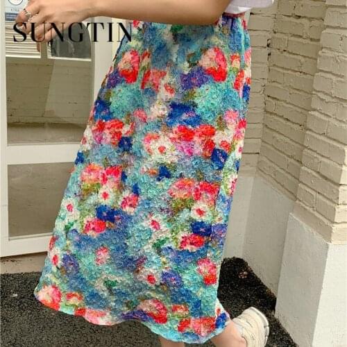 Sungtin Vintage Print Long Skirt Women Split Straight Empire Korean Fashion Skirts Womens Floral Plus Size 2021 New Skirt Summer