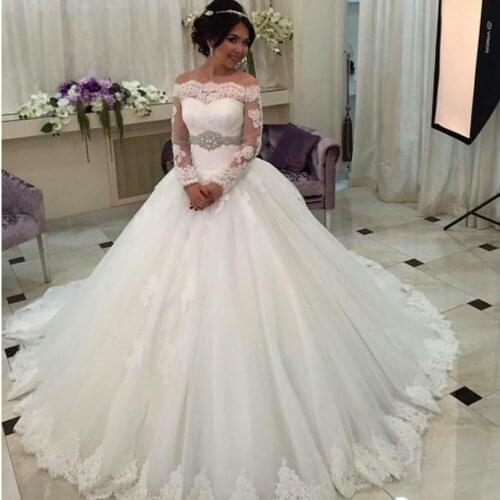 Robe de mariage Saudi Arabia wedding dress Luxury Long Sleeve Wedding Dresses Lace Bride Ball Gown Crystals Belt Plus Size