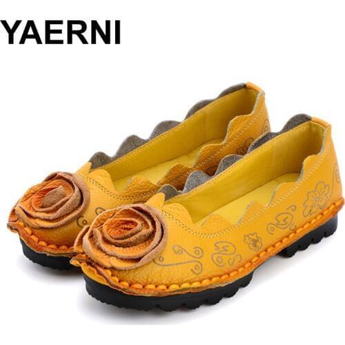YAERNI 2017 Handmade Genuine Leather Shoes flat Flowers Single Shoes National Wind Comfortable Soft Bottom Summer Peas Shoes