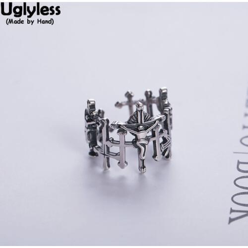 Uglyless 100% Real 925 Sterling Silver Handmade Cross Open Rings for Women Religious Jesus Crosses Wide Finger Ring Punk Jewelry