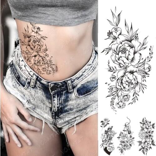 Waterproof Temporary Tattoo Sticker Peony Chrysanthemum Black Flash Tattoos Female Sketch Line Body Art Arm Waist Fake Tatto