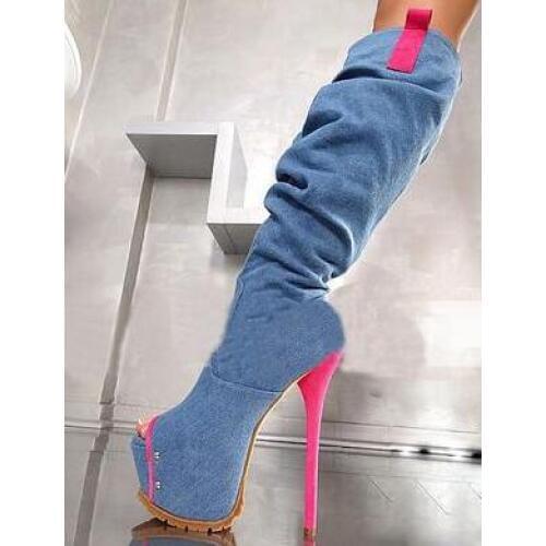 Autumn Winter New Style Sexy Peep Toe Waterproof Platform Over The Knee Boots Blue Rose Red Thin Heels High Heels Shoes Women