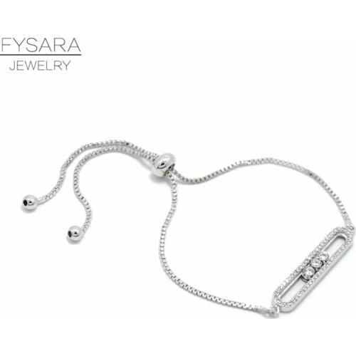 FYSARA Luxury Turnable Three CZ Crystals Chain Link Bracelets & Bangles for Women Silver Gold Color Wedding Bridal Bracelets