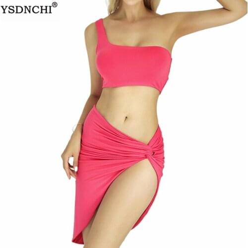 YSDNCHI Two Piece Sets One Shoulder Tank Top And Skirts Women Skinny Vintage Pleated Solid Streetwear Split Outfits Clubwear