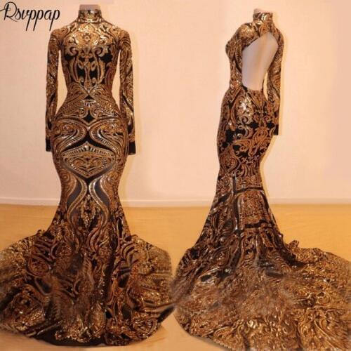 Long Mermaid Prom Dresses 2020 Sparkly High Neck Long Sleeve Gold Sequin African Black Girl Backless Floor Length Prom Dress