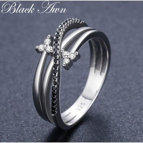 Black Awn Romantic New 925 Sterling Silver Fine Jewelry Bague Row Black Spinel Leaf Wedding Ring for Women Bijoux GG005