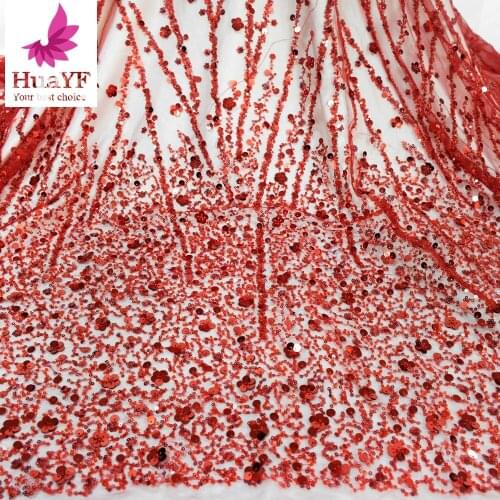 Free shipping Heavy Beaded Net Lace With Pearls Red Tulle Fabrics Sequins For Party Dress HY1306-7