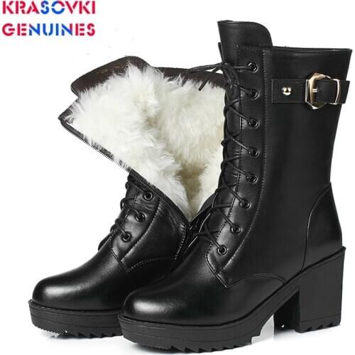 Krasovki Genuines Wool Boots Women Genuine Leather Dropshipping Fur Warm Fashion Plush Winter Thick Bottom Leisure Snow Boots