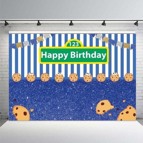 Cookies Blue White Stripes Backdrop Kids Happy First 1st Birthday Party Decor Gold Silver Flags Carnival Festa Cake Table Banner