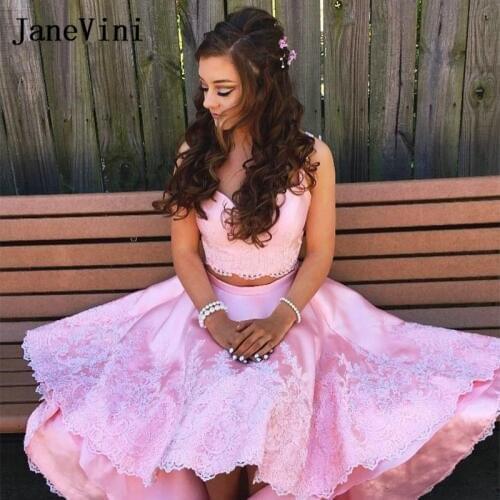 JaneVini Elegant Pink Two Pieces Satin Homecoming Dresses High Low 2019 Strapless Lace Appliques Long Prom Dress for Graduation