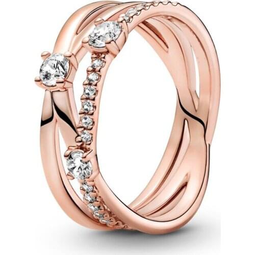 30% Silver Plated Rose Sparkling Triple Band Fashion Ring For Pandora Women Bead Charm Gift DIY Jewelry