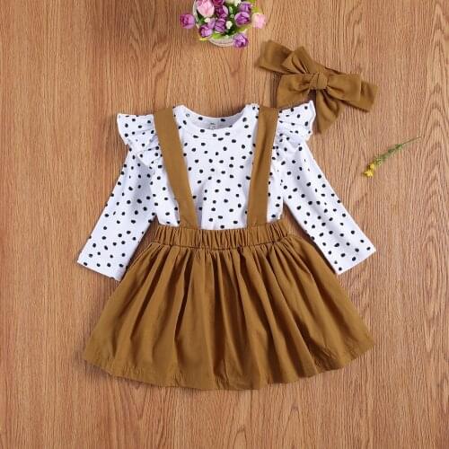 3 PCS Baby Girls Dress Set Lace Long Sleeve Spot Print Top Solid Color Suspenders Short Skirt + Bow Hairband