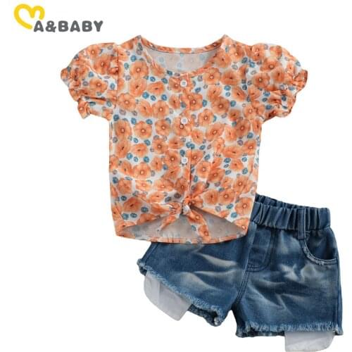 Ma&Baby 1-6Y Summer Toddler Child Kid Girl Clothes Set Bow Flower Short Sleeve T shirt Tops Denim Shorts Jeans Outfits Clothing