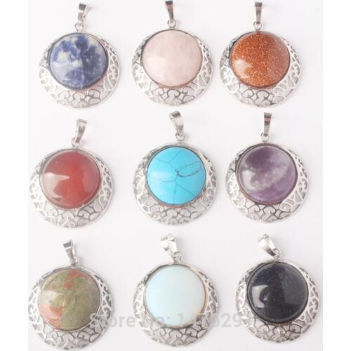 Mix-Color Crystal Stone Treatment Round Beads inlay Chakra Pendant 1PCS