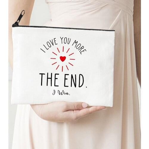 Love You More Makeup Bag Heart Cosmetic Pouch Canvas Reusable Lipstick Bag The End Cute Travel Toiletry Bags Storage Purse