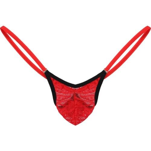 Men Low Waist Breathable G-String Thongs Sexy Comfort See-through Lace Bulge Pouch Underpants Open Butt Sissy T-Back Underwear