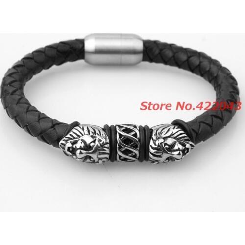 8.66" *8MM New Mens Genuine Black Leather Weave Bracelet 316L Stainless Steel Bangle Lion Head Gentlemen Wristband Jewelry Gift