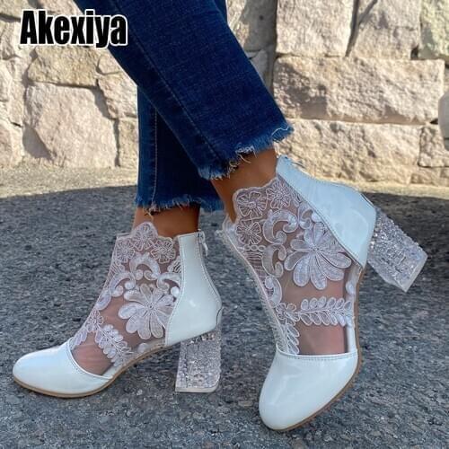 New woman mesh black ankle boots for women summer square heels boots sandal ladies Round toe Lace boots o478