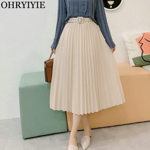 OHRYIYIE Basic Midi Pleated Skirt Female Autumn Winter All-Match High Waist Skirts Women Korean Style Solid Color School Skirts