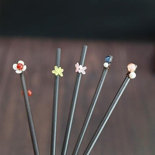Simple Style Small Flower Black Wooden Hairpin Classic Chinese Style Hair Sticks Ladies Elegant Hair Clasp Vintage Headdress