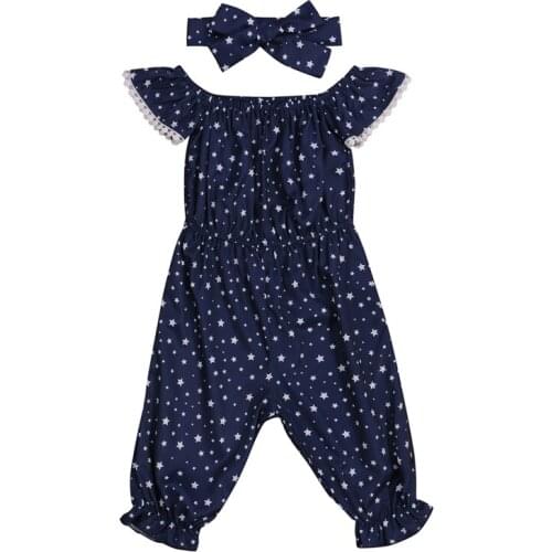 Pudcoco 0-24M 2Pcs Star Print Blue Summer Butterfly Short Sleeve Pullover Jumpsuit Playsuit Leotard+Headwear Outfit Clothes