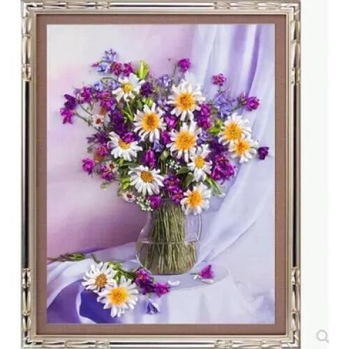 Needlework,DIY Ribbon Cross stitch Sets for Embroidery kit,Vase daisy floral flower ribbon Cross-Stitch handwork wedding gift