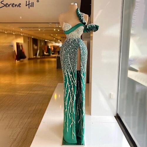 Serene Hill Green Mermaid High Split Evening Dresses Gowns 2021 Luxury Beaded One Shoulder For Women Party LA71317