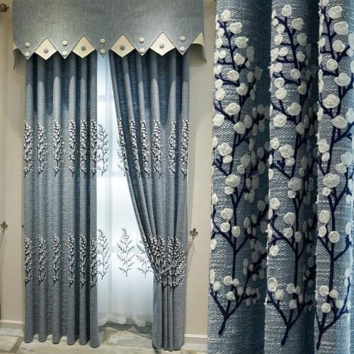 European blue simple small fresh living room bedroom cotton linen embroidery shading floor curtain fabric finished products