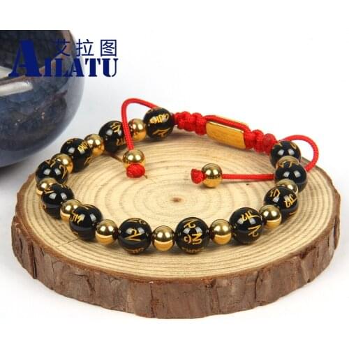 Vintage Black Onyx Stone Bracelet Six-character Mantra of Buddhism Hand-made Couples Jewelry Stainless Steel Logo Beads Engrave