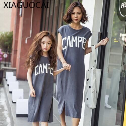 XiaGuoCai 2018 new Family Matching Outfits Mother And Daughter summer dress Letter pattern 100% cotton sleeveless dress l79 35